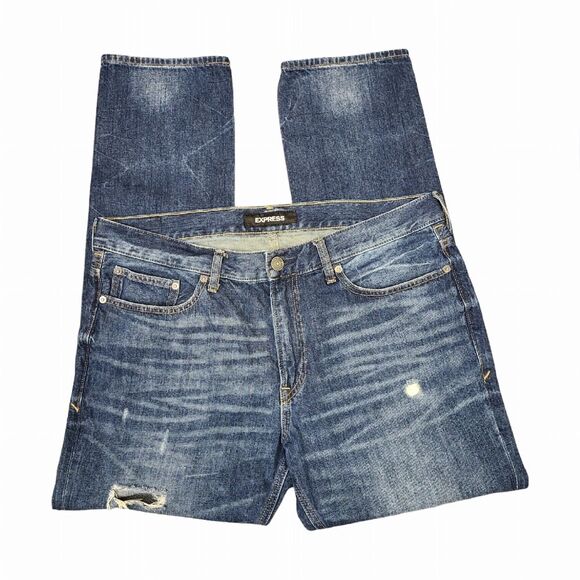 EXPRESS Men's 36x32 Original Slim Fit Distressed Dark Wash Denim Jeans - Picture 6 of 16